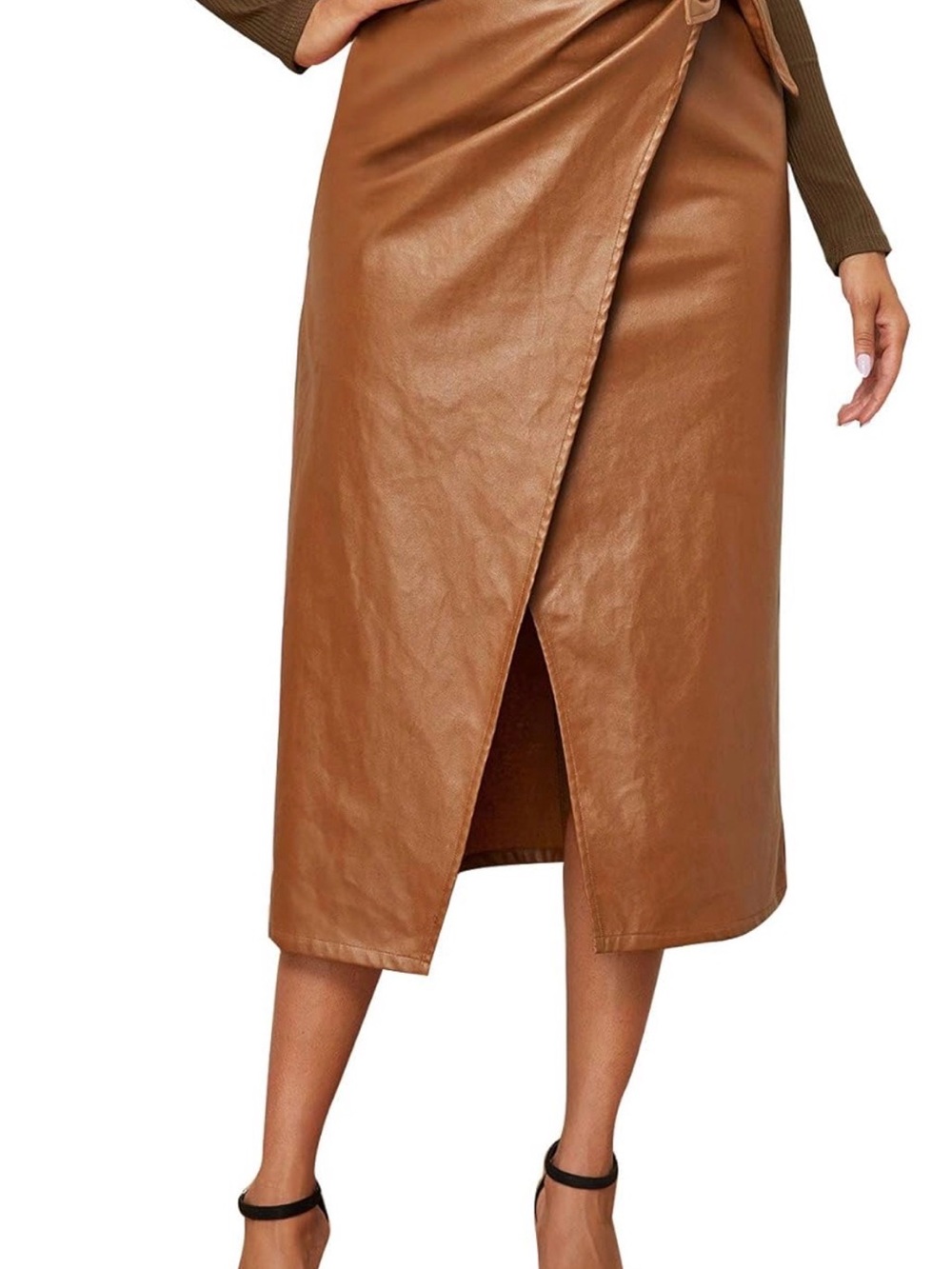 Classic Brown Faux Leather Wrap Midi Skirt with Side Tie